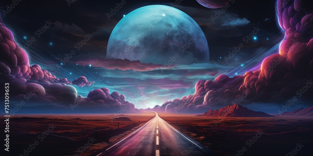 Vibrant digital landscape featuring a neon-lit road under a tremendous full moon and surreal sky - obrazy, fototapety, plakaty 