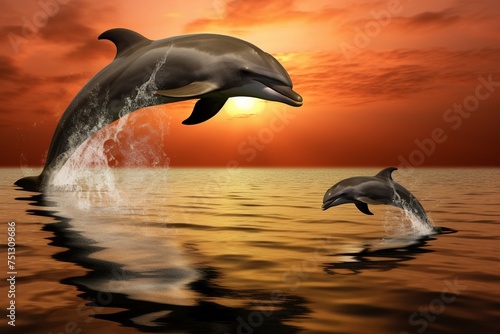 Playful dolphins leaping at sunset silhouetted against a fiery sky over calm seas embodying freedomgame assets anthropomorphism fine art photography neon lights