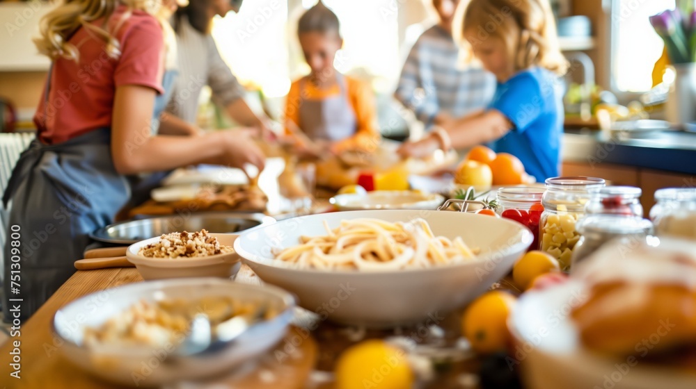 Fototapeta premium Close-up of family of grandparents and kids cooking food. grandmother teaches her granddaughter how to knead dough for homemade bread