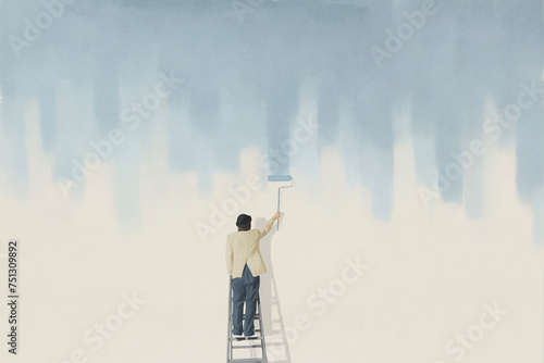 Illustration of man painting wall with blue color, new business restoring surreal concept