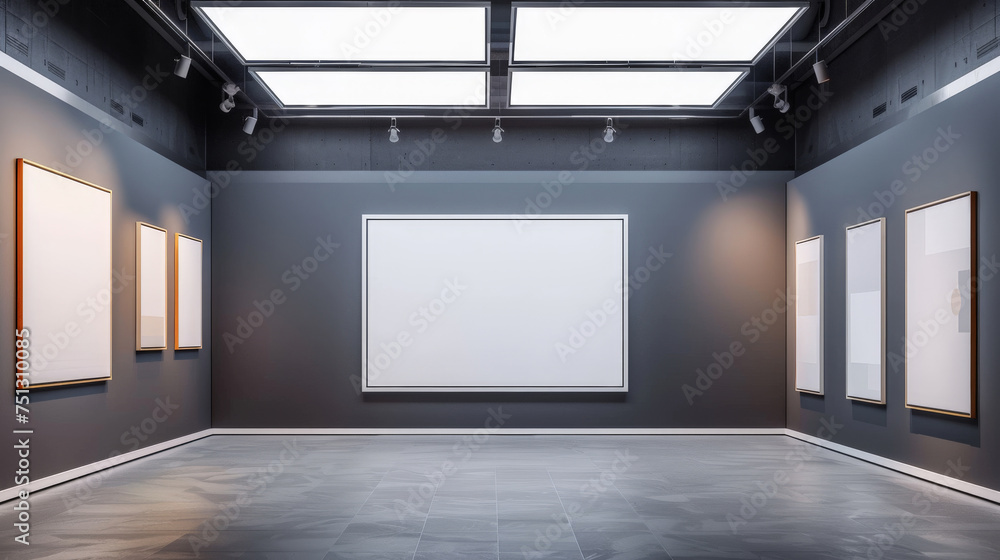 empty room surrounded by white blank canvas on gray walls art with spotligt , mockup canvas, banner empty room surrounded by white blank canvas on gray walls art with spotligt , mockup canvas, banner
