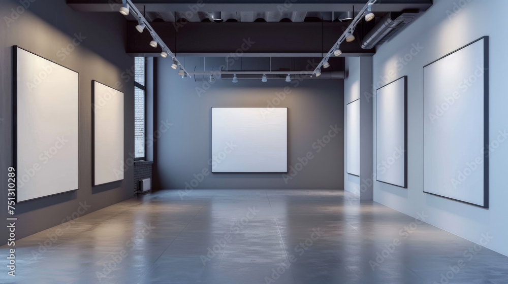 empty room surrounded by white blank canvas on gray walls art with spotligt , mockup canvas, banner empty room surrounded by white blank canvas on gray walls art with spotligt , mockup canvas, banner