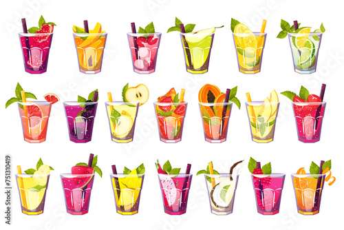 Collection of cocktails. Summer tropical cocktails with fruits and berries. Vector illustration.