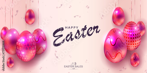 Easter light design with red shiny eggs with a pattern on pendants.