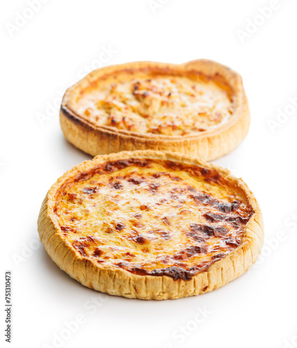 Traditional french pie. Quiche lorraine isolated on white background.