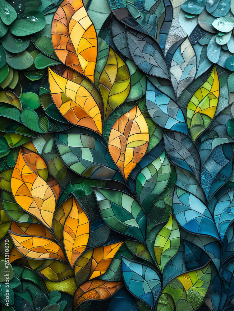 abstract background with colorful leafs in stained-glass window style abstract background with colorful leafs in stained-glass window style
