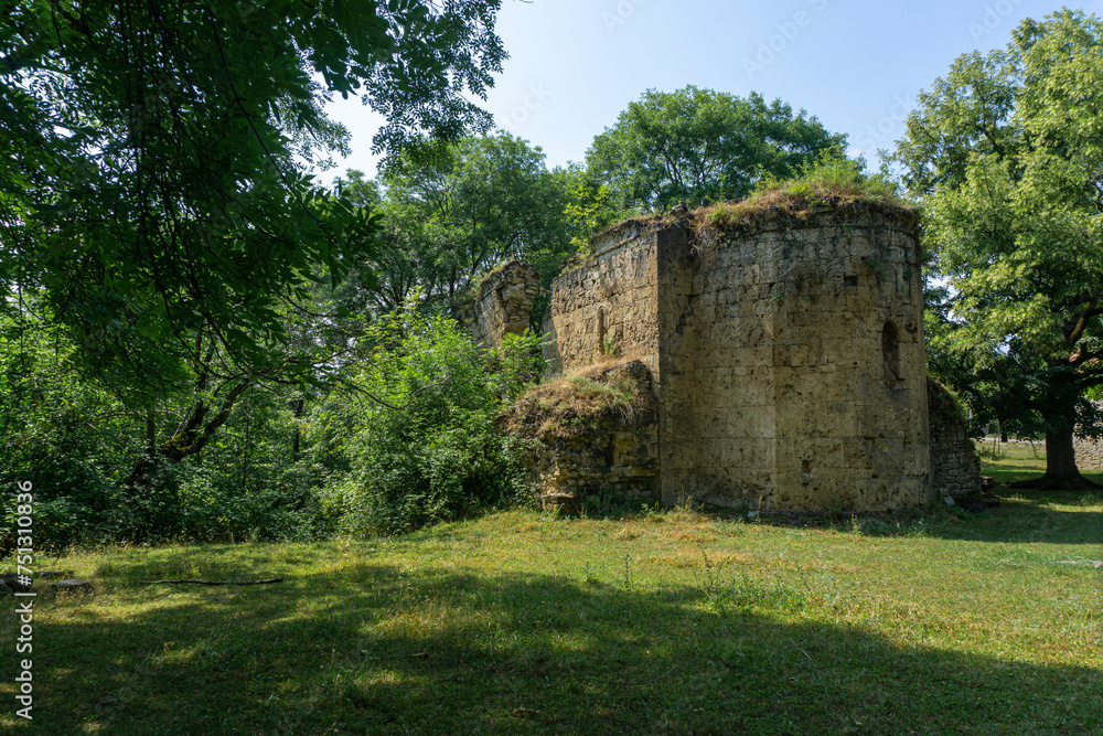 St. Giorgi church of Cheremi village is built of stone and stands on a grass field surrounded by  trees. The roof is destroyed and grass is growing on it. Tree shadows and sun spots on the grass and c