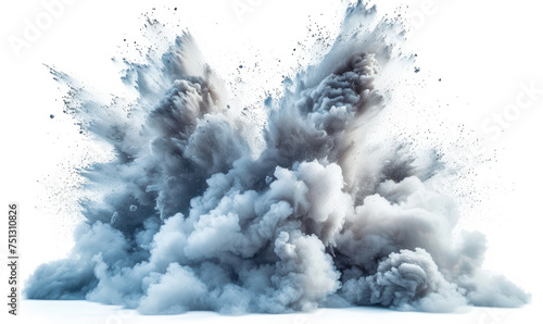Explosive Burst of Dense Smoke Clouds Isolated on White Background, Concept of Power, Destruction, and Turbulent Force in Nature or Industry © Bartek