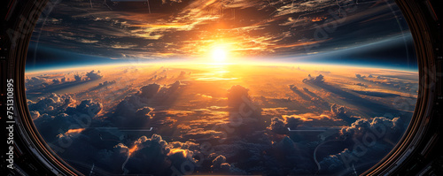 A breathtaking view of Earth's horizon at sunrise, as seen from the window of a spacecraft, symbolizing exploration, space travel, and the future photo