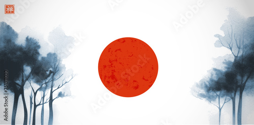 Ink painting of big sunrise sun in blue forest. Traditional oriental ink painting sumi-e, u-sin, go-hua. Translation of hieroglyph - zen