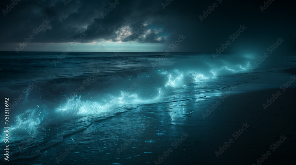 Mystical Shores: Bioluminescent Plankton in a Surreal Long Exposure Image