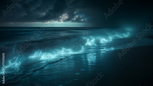 Mystical Shores: Bioluminescent Plankton in a Surreal Long Exposure Image