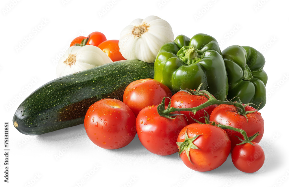 Tomatoes, peppers, zucchini and garlic isolated from the white or transparent background