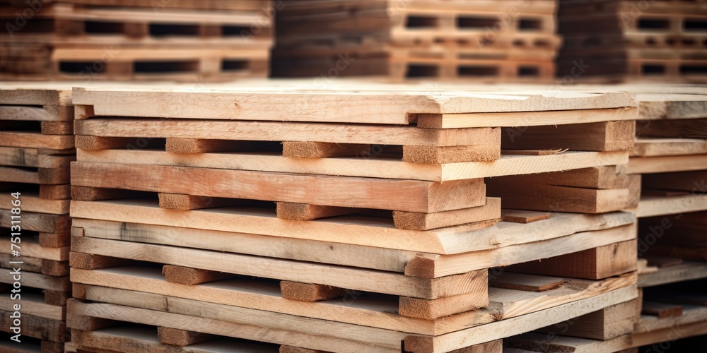 Stack of wooden pallet. Industrial wood pallet at factory warehouse. Cargo and shipping. Sustainability of supply chains. Eco-friendly and sustainable properties Stack of wooden pallet. Industrial wood pallet at factory warehouse. Cargo and shipping. Sustainability of supply chains. Eco-friendly and sustainable properties