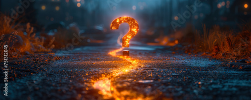 The winding road to change leading to a question mark symbolizing uncertainty, decisions, transitions, and future paths in personal and professional life photo