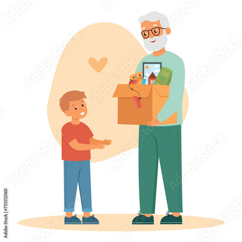 Grandfather give paper box with donate clothes, toys, games for little boy. Charity concept