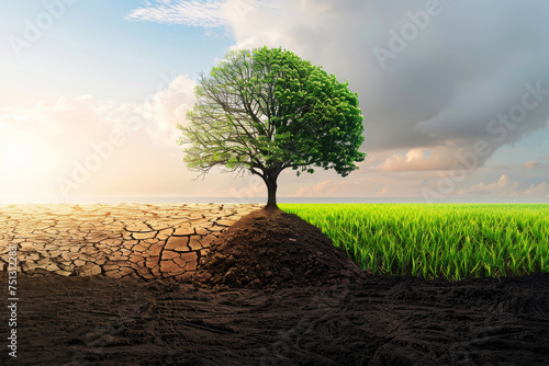Contrast of Drought and Fertility with Lone Tree, A solitary tree on the border between parched and lush green land, depicting environmental contrast.