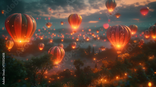 Celestial Float: A Night Sky Alive with the Vibrant Colors of Hot Air Balloons in Long Exposure
