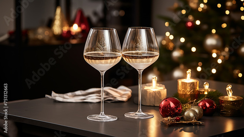 table setting with glasses on a festive evening, restaurant, christmas luxury table
