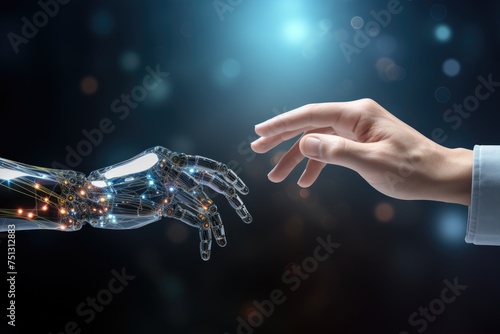 Hands of human and artificial intelligence technology touching for big data network exchange.
