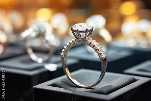 Wedding rings with diamonds on the table in a jewelry store. Perfect for jewelry store advertisements or engagement-related content with Copy Space.