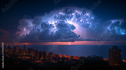 Storm Over the City: A Dramatic Long Exposure Capturing Lightning Bolts Over Skyline, Illuminating the Brewing Thunderstorm