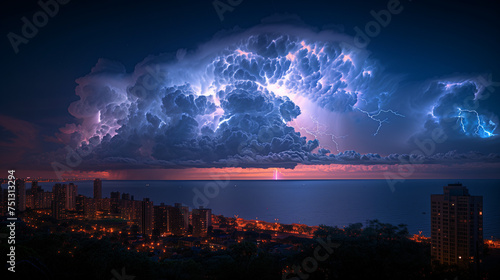 Storm Over the City  A Dramatic Long Exposure Capturing Lightning Bolts Over Skyline  Illuminating the Brewing Thunderstorm