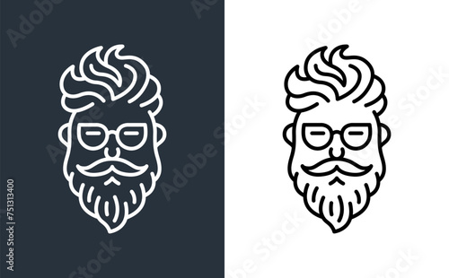 Bearded man head logo in trendy linear art style, simple minimal modern vector icon.