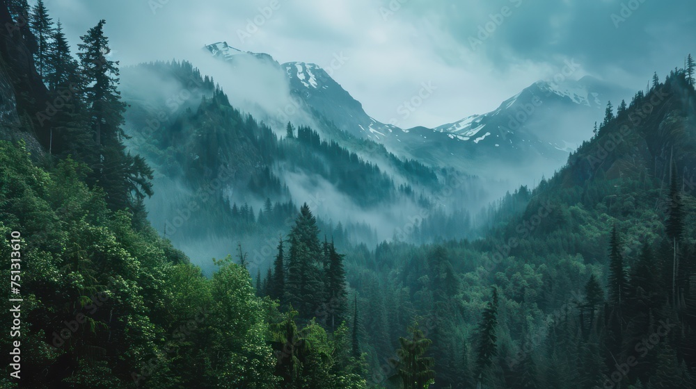 landscape of mountains and forests covered in fog