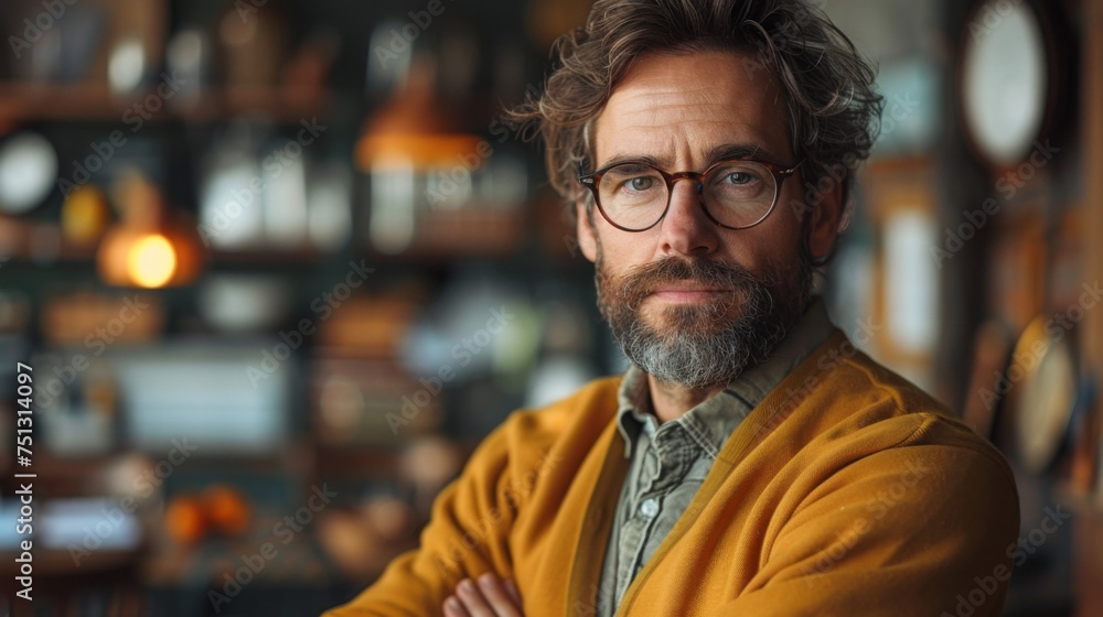 Portrait of handsome mature man with eyeglasses in coffee shop Portrait of handsome mature man with eyeglasses in coffee shop