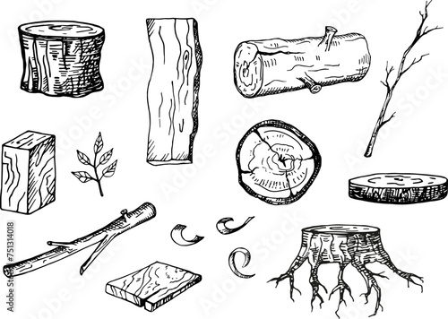 Wooden material for wood industry hand drawn ink sketch isolated vector illustration. Tree lumber, engraved graphic of firewood material, timber, trunk, stump and plank, wooden firewood logs, wood log
