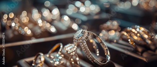 Wedding rings with diamonds on the table in a jewelry store. Perfect for jewelry store advertisements or engagement-related content with Copy Space. photo