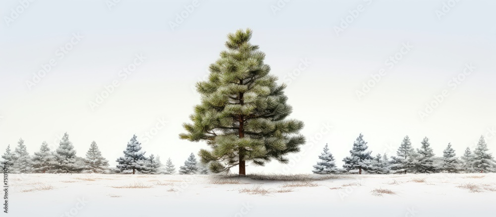 A drawing of a tall pine tree covered in snow, standing alone in a winter forest. The tree is decorated with ornaments, and the scene is serene and isolated. A drawing of a tall pine tree covered in snow, standing alone in a winter forest. The tree is decorated with ornaments, and the scene is serene and isolated.