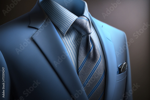 Style, jacket blue with shirt and gray-blue tie. 