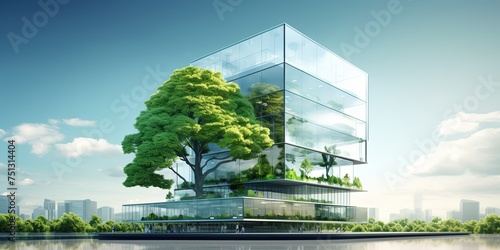 Sustainble green building. Eco-friendly building. Sustainable glass office building with tree for reducing carbon dioxide. Office with green environment
