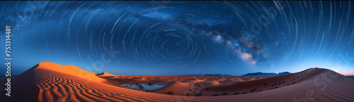 Desert Dreamscape: Star Trails Swirl Over Moonlit Dunes, Crafting a Surreal Scene in the Silence of Night