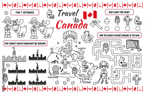 A fun placemat for kids. Printable the “Travel to Canada” activity sheet with a labyrinth, find the differences and find the same ones. 17x11 inch printable vector file