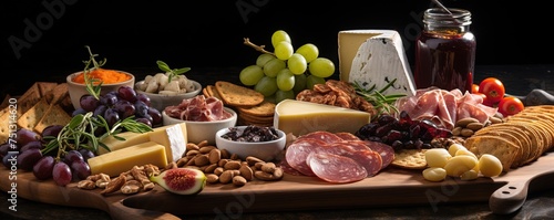 Assorted charcuterie and cheese boards, including Spanish ingredients and olives.