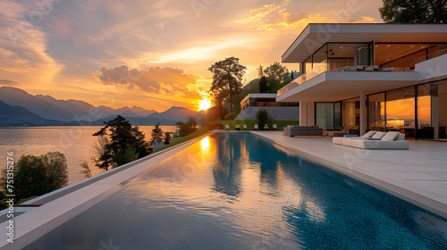 Medium shot photography, Summer Scenery at a modern villa with pool, with a serene lake panorama as the background, during a golden hour © CanvasPixelDreams