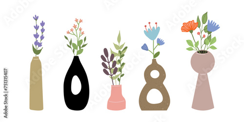Set of bright spring and summer blooming flowers in vases and bottles isolated on a white background. Cartoon flat vector illustration.