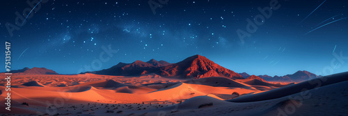 Night's Embrace: Desert Sands Illuminated by Moonlight, with Stars Etching Trails in the Sky