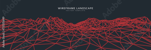 Wireframe landscape. Futuristic 3d mesh background. Digital polygonal hills technology. Vector illustration.