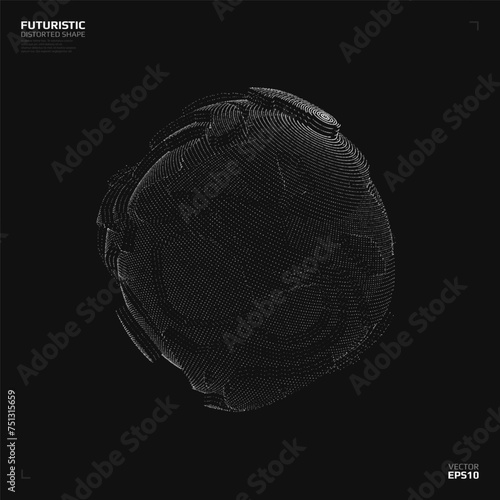 Futuristic shape constructed with particles. Abstract distorted 3d form. Science concept. Vector illustration.