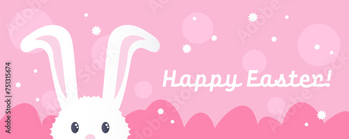 Happy Easter banner with flat graphic elements and symbols of the Holiday, hidden eggs and bunny, plants drawings. Vector illustration with text greeting.