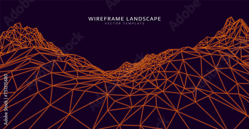 Wireframe landscape. Futuristic 3d mesh background. Digital polygonal hills technology. Vector illustration.