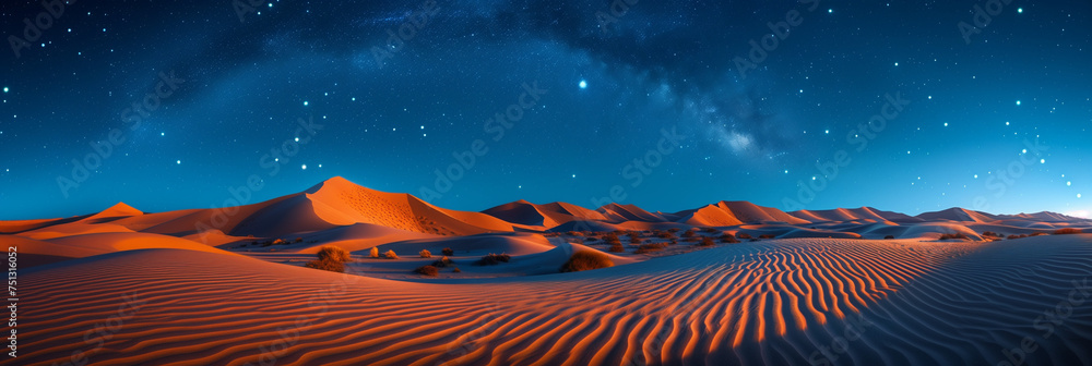 Night Whispers in the Desert: Stars Streak Across the Sky, Sand Dunes Glow Under Moonlight in Surreal Long Exposure