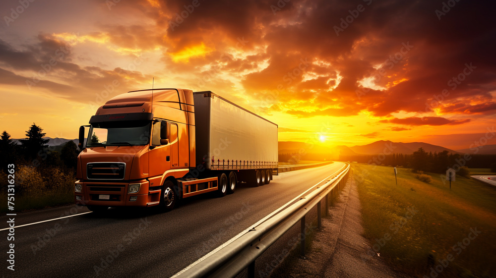 Truck driving on the asphalt road in rural landscape at sunset - obrazy, fototapety, plakaty 
