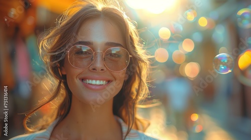  woman with sunglasses and happy face in color suit on the street with blur city and people background and bubble effect 