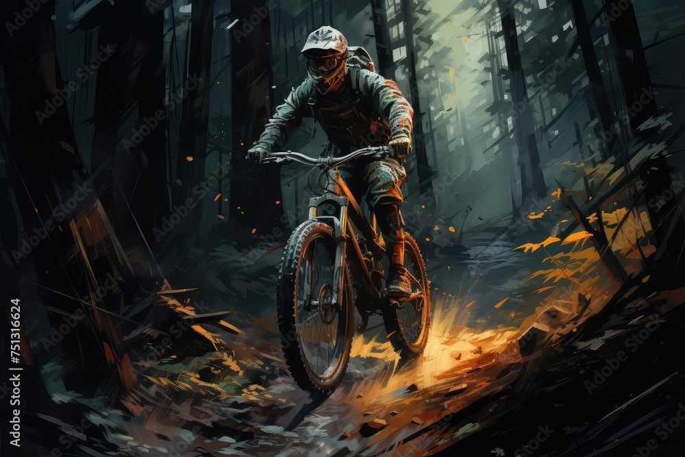Painting of a man riding a mountain bike - obrazy, fototapety, plakaty 