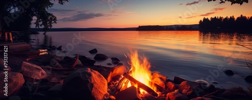 Glowing campfire by the lake. Sunset with open flames, fire, and logs. Camping on the beach at night. Serene lake landscape © Coosh448
